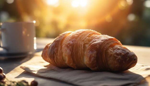 Croissant and coffee on the table Sunny morning street view in the background Generative AI