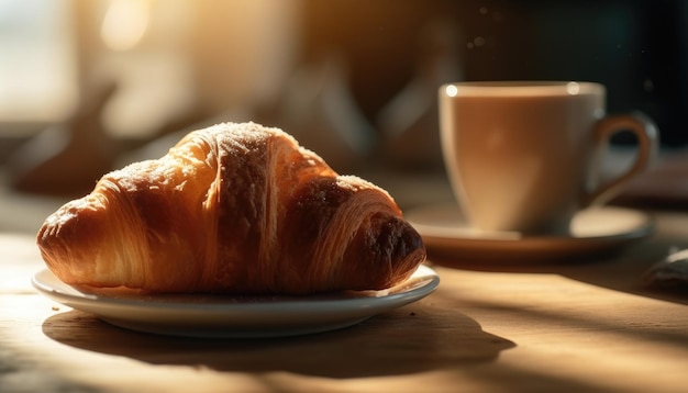 Croissant and coffee on the table Sunny morning street view in the background Generative AI