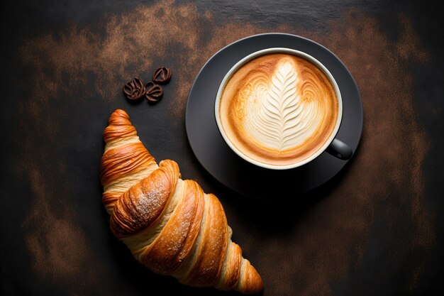 Croissant and a cup of cappuccino coffee on a dark table top view