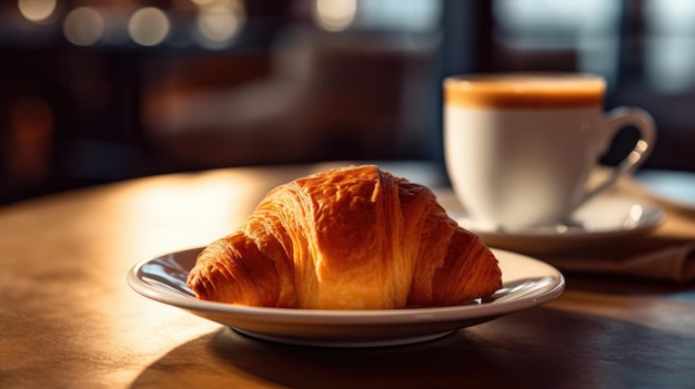 A croissant and a cup of coffee are on a table in a cafe.