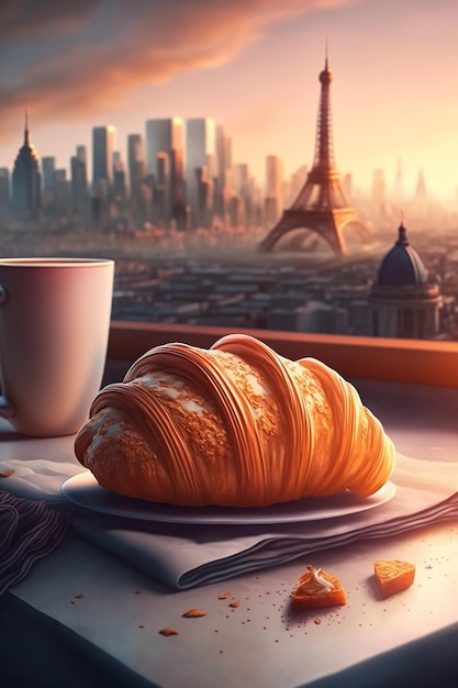 A croissant and a cup of coffee are on a table in front of a cityscape.