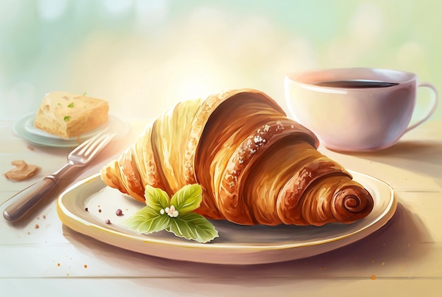 A croissant and cup of coffee are on a table.