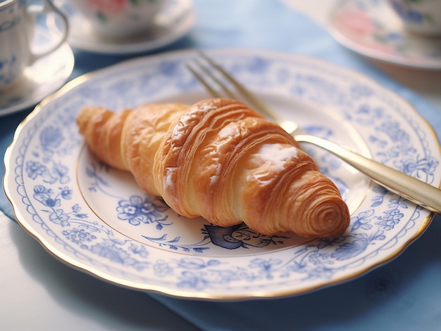Croissant and cup of coffee on a blue tablecloth