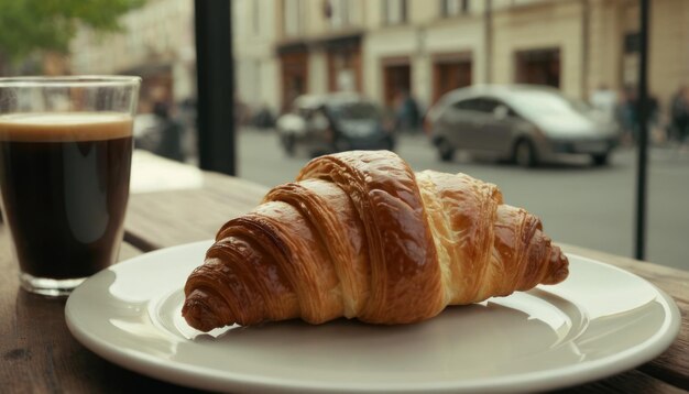 Foto croissant e una tazza di caffè su un tavolo all'aperto