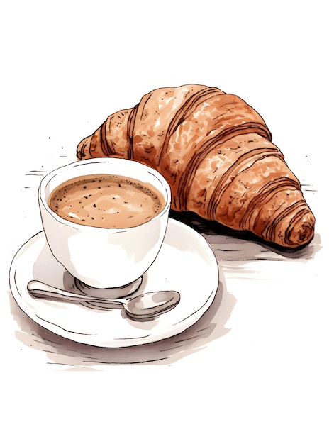 croissant en koffie geschilderd met één zwarte lijn minimalistisch geen details met witte achtergrond