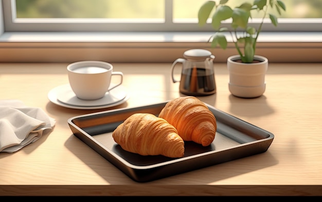 Croissant en koffie op aanrecht in de keuken tegen wazig minimalistisch interieur met modern meubilair Selectieve focus op zelfgemaakt gebak en theedrank in kopje op houten tafel kopie ruimte webbanner