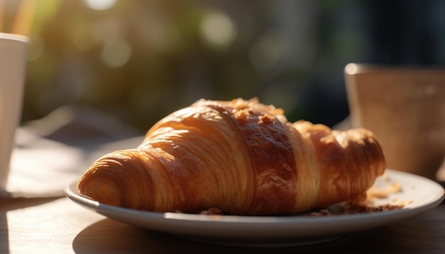 Croissant en koffie op tafel Zonnige ochtend straatbeeld op de achtergrond Generatieve AI
