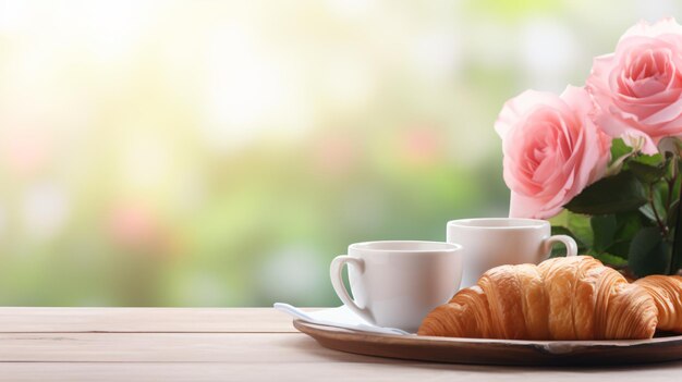 Croissant en koffiebeker in de ochtend met bloemen