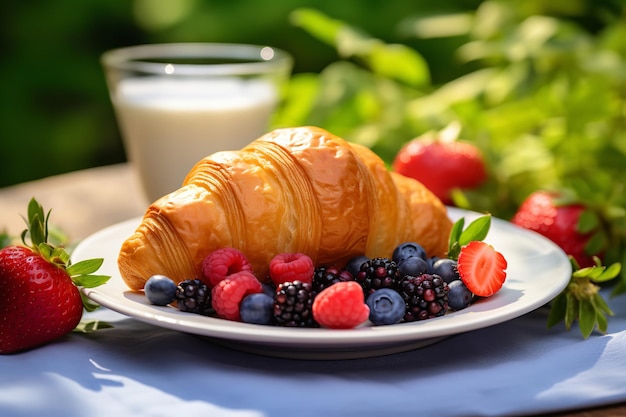 Croissant and Fresh Berries on a White Plate