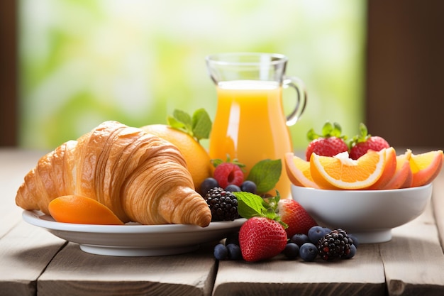 Foto croissant e frutta fresca una scelta salutare per la colazione