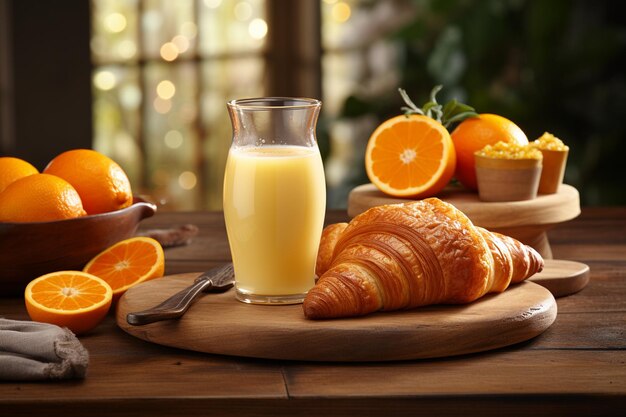 Photo croissant and fresh orange juice breakfast bliss