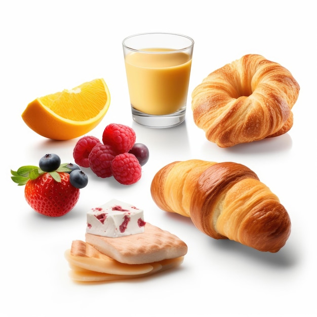 A croissant, fruit, and orange juice are on a table.