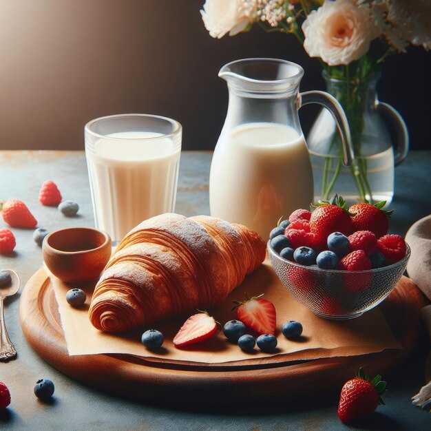 a croissant and a glass of milk are on a table with flowers and fruit