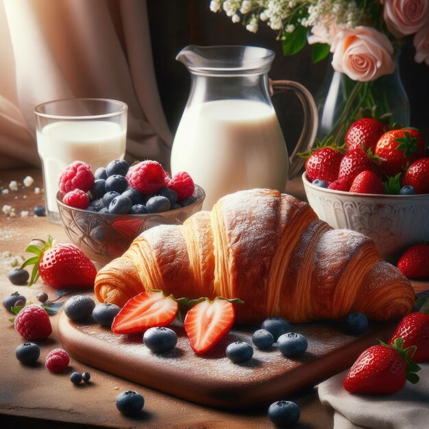 a croissant and a glass of milk are on a table with a vase of strawberries and a jar of milk