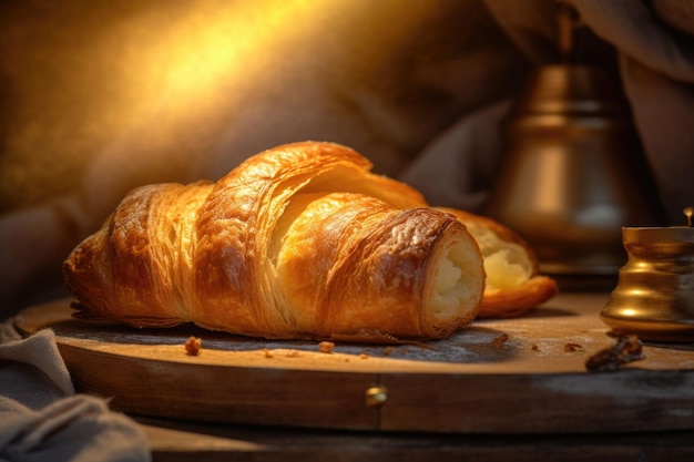 Croissant in zacht gouden licht met elegante presentatie met servet op de achtergrond Generatieve AI-illustratie