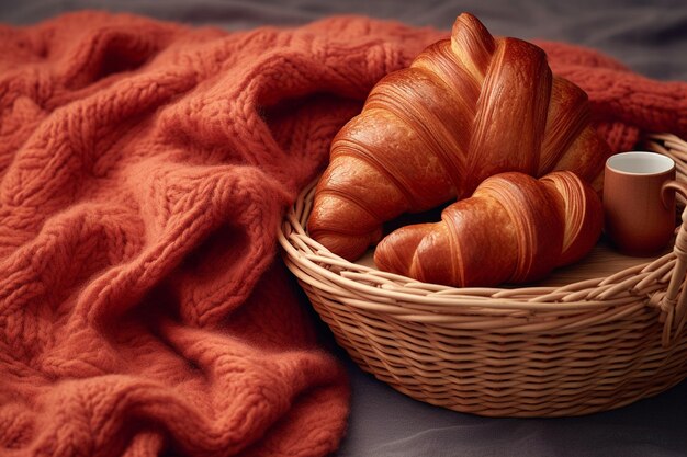 A croissant and a knitting project for a cozy day