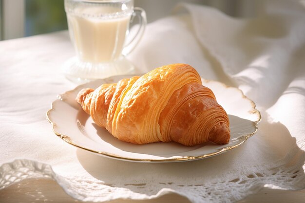 A croissant on a lace tablecloth