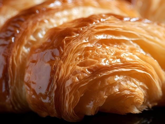 Croissant macro Detailed closeup of French croissant showing croissant texture Air baking Croissant for puff pastry commercial ads post magazine banner French pastry breakfast Roll macro