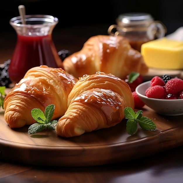 Croissant met bessenjam en sinaasappelsap op houten tafel