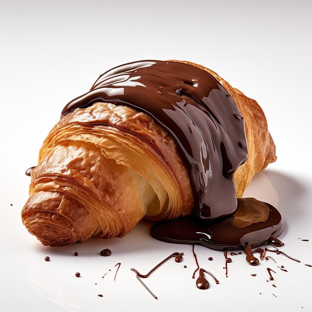 Foto croissant met gesmolten chocolade op witte achtergrond