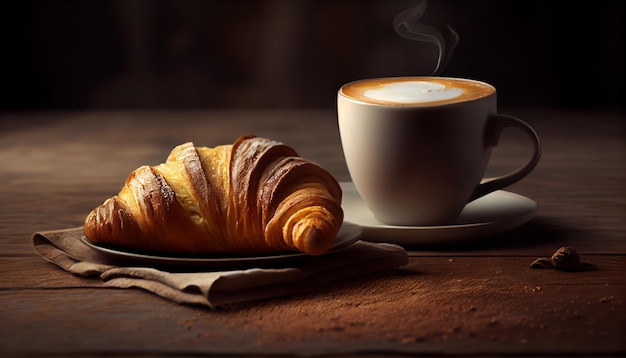 Croissant met koffiekopje op donkere achtergrond Al gegenereerd