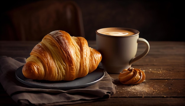 Croissant met koffiekopje op donkere achtergrond Al gegenereerd