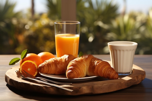 Croissant ontbijt geserveerd met vers sinaasappelsap