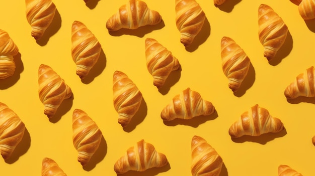 Croissant pattern on a yellow background Appetizing buns Bakery art