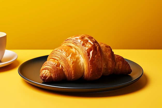 A croissant placed on a plate against a vibrant yellow background Generative Ai