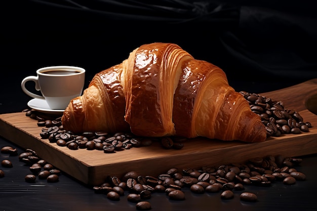 Croissant placed on a wooden platform with coffee beans