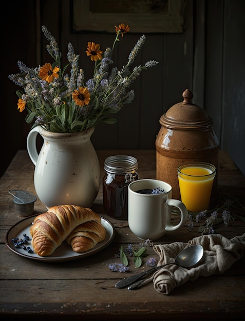 A croissant on a plate with a cup