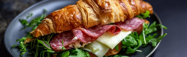 Croissant sandwich with cheese salami and arugula on the plate on black background