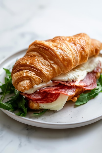 Croissant sandwich with cheese salami and arugula on the plate on white marble table