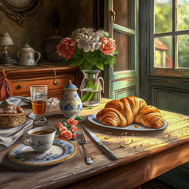 Croissant sandwich with chocolate and tea utensils on the table In the background is a window