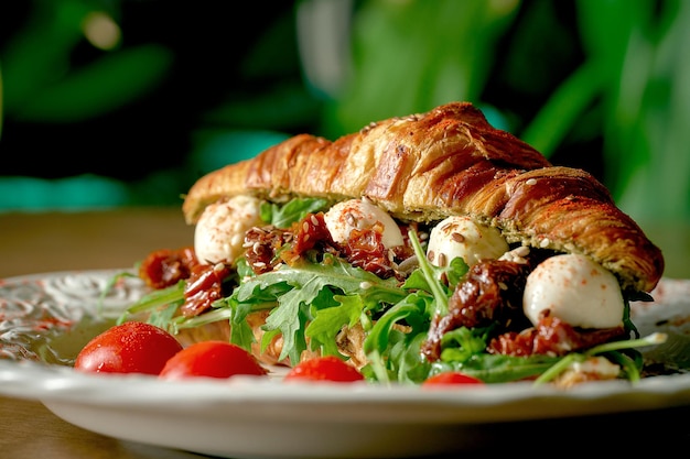 Croissant sandwich with sun-dried tomatoes, arugula, mozzarella in a white plate on a wooden background