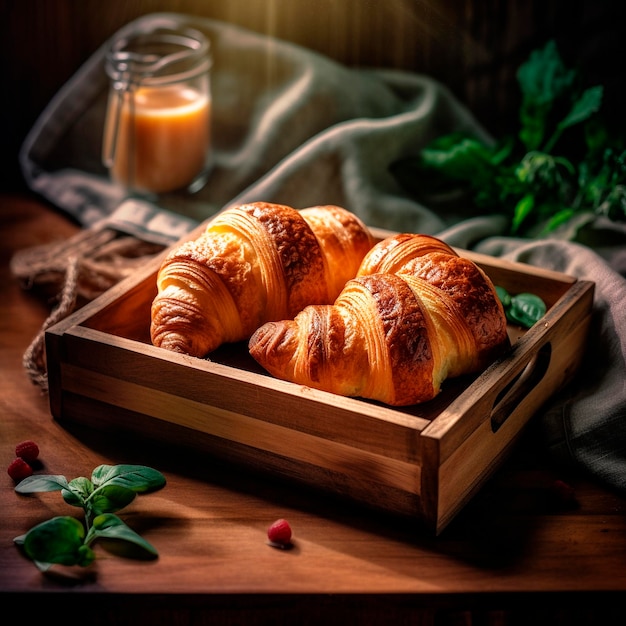 A croissant sits in a wooden box next to a glass of milk.
