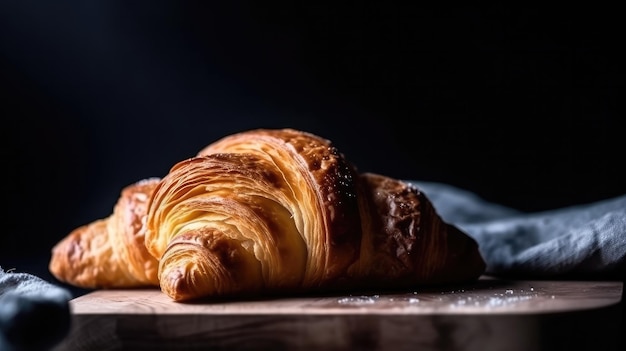 A croissant sits on a wooden table with a blue background.