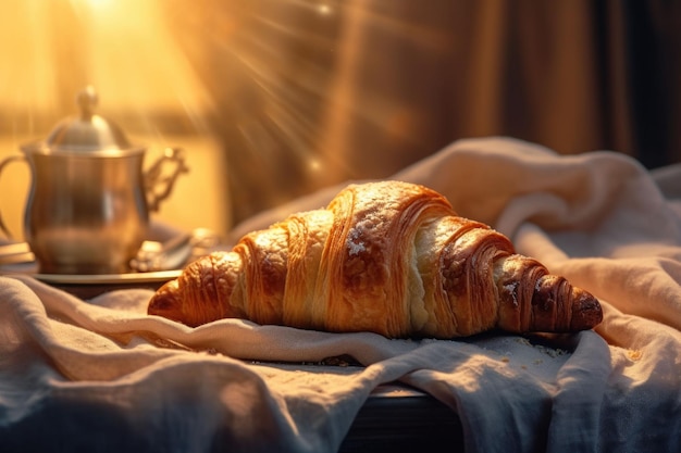 Croissant in soft golden light with elegant presentation with napkin on background Generative AI illustration