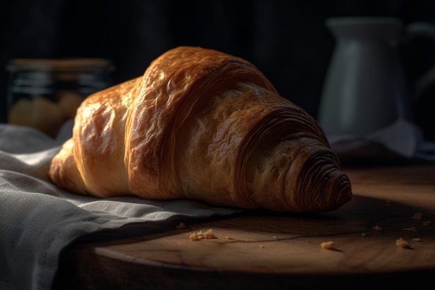A croissant on a table with a jar of jam in the background