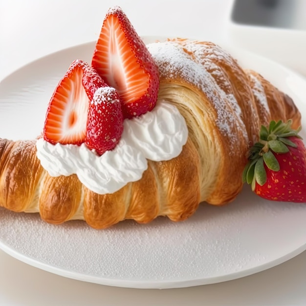 Croissant on the white plate, with fresh strawberry and whipped cream