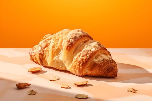 A croissant with almonds on a table