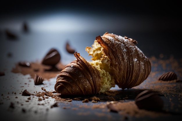 A croissant with chocolates on it