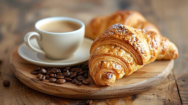 Photo a croissant with coffee beans and coffee beans on a wooden table