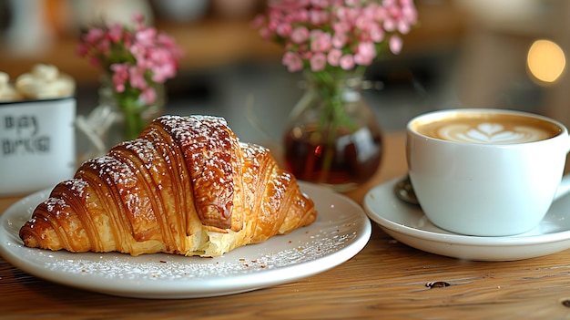Foto un croissant con i chicchi di caffè e i chicci di caffè su un tavolo di legno