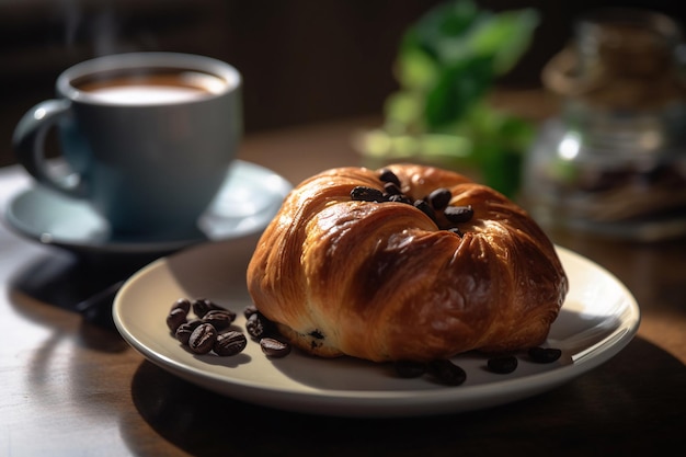 A croissant with coffee and a cup of coffee