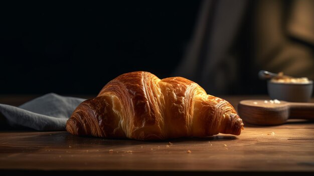 Croissant with coffee cup on dark background Al generated