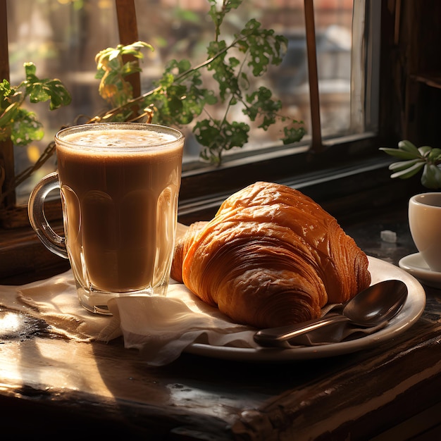 Photo croissant with coffee on table inside coffee shop place