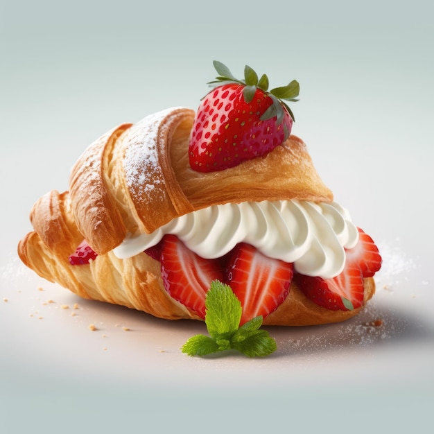 A croissant with cream and strawberries on top of it.