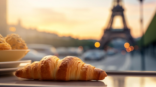 A croissant with the eiffel tower in the background