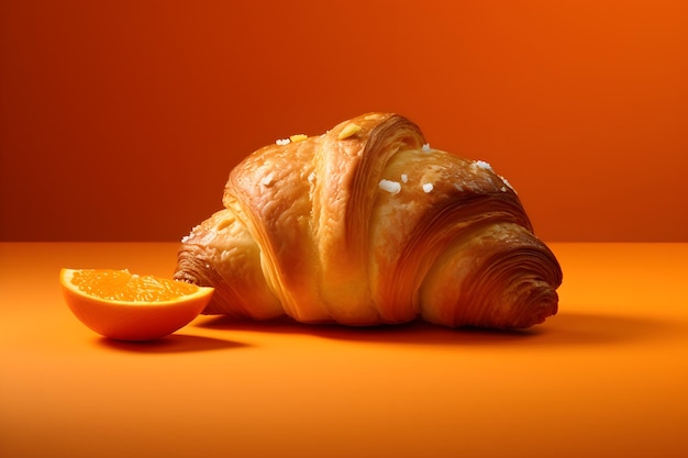 Photo a croissant with a half of orange on a table